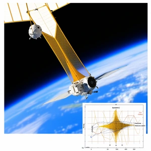 A Spacecraft Flying Through The Sky, With A Large Satellite Visible In The Background