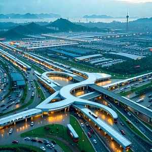 Urban Infographic Style: Aerial View Of Transportation Hub With Large, Busy