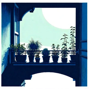 Lifestyle Linocut Print: Balcony Garden With Organized Space With Blue White