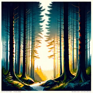 Nature Linocut Print: (forest:1.45) Scene During Golden Hour With Beautifully Drawn