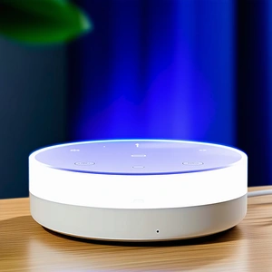 The image features a white Amazon Echo device sitting on a wooden t...