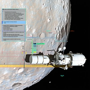 A Spacecraft Is Shown In A Close-up View, With A Large Satellite In The Background