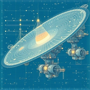 In The Image, There Is A Large, Blue, Three-dimensional Model Of A Spacecraft