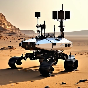 A Large Robotic Vehicle, Possibly A Rover, Sitting On A Sandy Surface