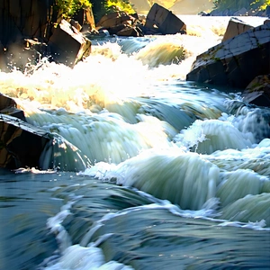 Nature Technical Illustration: Rushing River Surrounded By Rocky Shores With River Large
