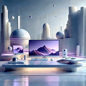 Futuristic Digital Workspace With Computer Desk