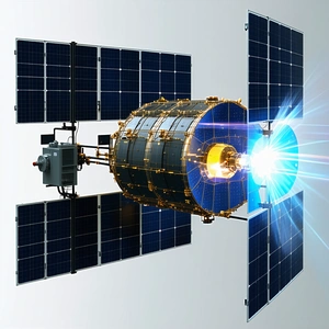 A Spacecraft Is Shown In A Close-up View, With Its Solar Panels Prominently Displayed