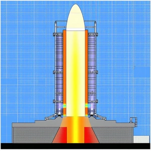 A Rocket Ship Is Shown In A Blue And White Drawing