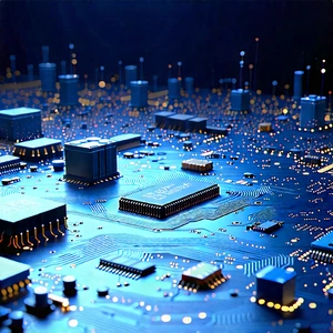 Circuit Board With (digital:1.32) Particles With Blue White