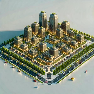 Urban Concept Art: Aerial View Of Cultural District With Large City