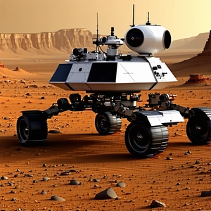 A White Robotic Vehicle With A Large Dome On Top, Driving Across A Rocky Terrain