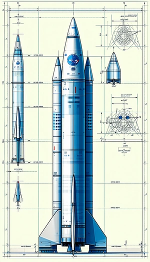 A Blue Rocket Ship Is Shown In A Drawing, With A Smaller Rocket Ship On The Left Side Of The Drawing