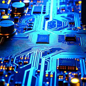 Circuit board with blue light glow
