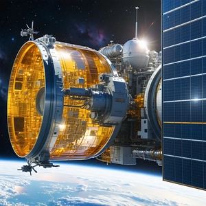 A Large Spacecraft With A Dome-shaped Structure On Top, Flying Through The Sky
