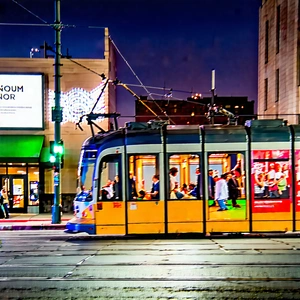 Urban Advertising Photography: City tram in arts district