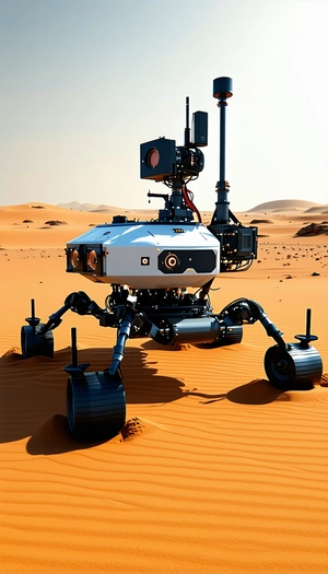 A White Robotic Vehicle With A Large Camera On Its Front, Driving Across A Sandy Terrain