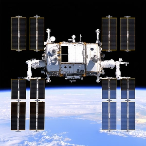 A Space Shuttle With A Large Satellite On Its Back, Flying Through The Sky