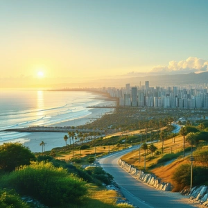 Urban Infographic Style: Cityscape Of Coastal City During Sunrise With Captures Beautiful