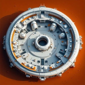 A Futuristic Space Station With A Large, Round, White Structure At Its Center
