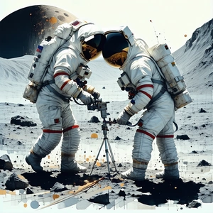 In The Image, There Are Two Astronauts Standing On A Rocky Surface, Possibly On The Moon