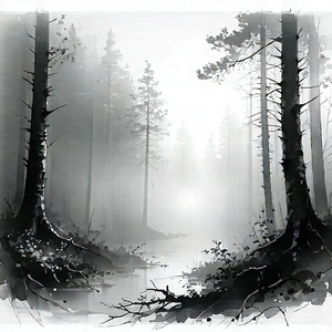 Nature Pencil Sketch: Forest Scene During Foggy Morning With Forest Scene