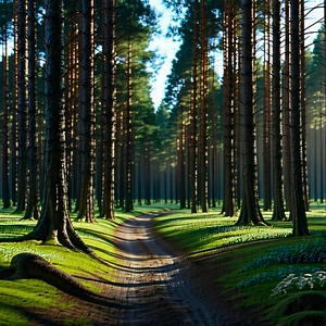 Nature Graphic Design: Path Through Pine Forest With Serene Forest