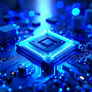 Circuit board with blue light glow