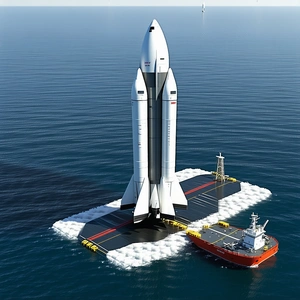 A Large White Rocket Ship Is Sitting On A Platform In The Middle Of The Ocean