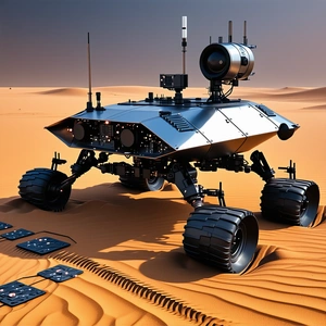 A Futuristic Robotic Vehicle, Possibly A Tank Or A Rover, Sitting In A Desert-like Environment
