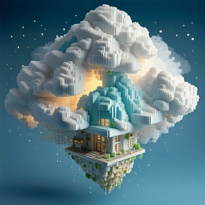 A house is depicted in a 3D model, floating in the air.