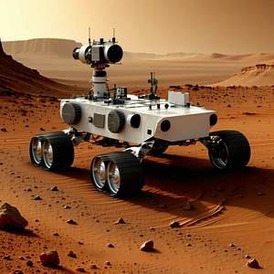 A White Robotic Vehicle, Possibly A Rover, Driving Across A Rocky Terrain