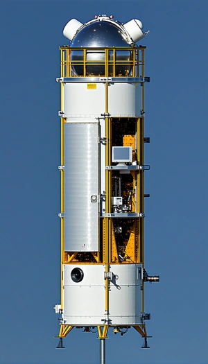 A Large White Satellite Is Mounted On Top Of A Yellow Tower