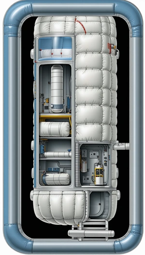 The Image Is A Drawing Of A Large White Spacecraft, Likely A Space Station Or A Space Shuttle