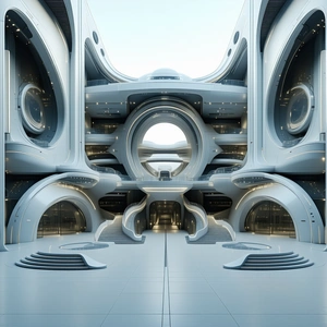 The image is a futuristic, white, and blue building with a large ci...