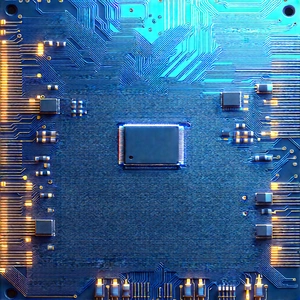 Circuit board with blue light (glow:1.18)