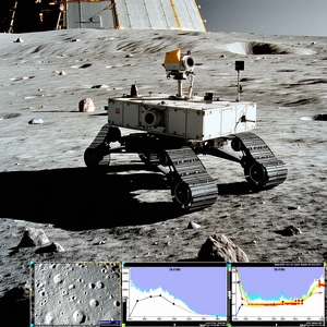 A White Robotic Vehicle, Possibly A Rover, Parked On A Rocky Surface