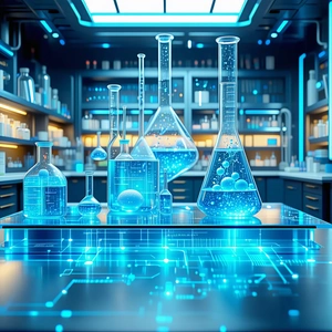 The image features a laboratory with a large number of glass beaker...