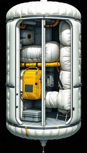 In The Image, There Is A Large White Spacecraft With A Yellow Backpack Placed Inside