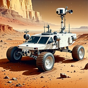 A White Vehicle Is Parked On A Rocky Terrain, With A Large Rock Formation In The Background