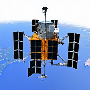 A Satellite In The Sky, With A Large Antenna On The Bottom Of The Spacecraft