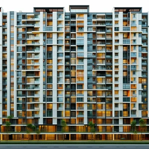 Urban Concept Art: (modern:1.3) Apartment Complex With Artistic Facade With Large Building