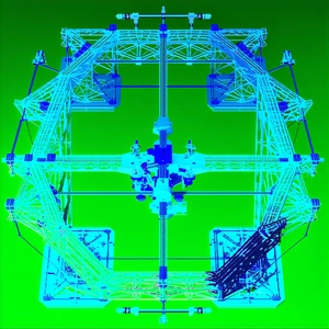 A Large, Blue, Three-dimensional Model Of A Machine Is Displayed In A Room