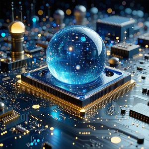 The image features a computer chip with a blue sphere on top of it.