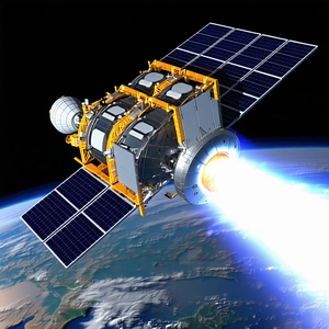 A Spacecraft With A Large Solar Panel On Its Side, Flying Through The Sky