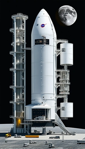 A Large White Rocket Is Shown In A Dark Room, With A Bright Light Illuminating The Rocket