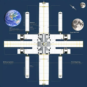 A Large White Spacecraft Is Shown In A Blue Background