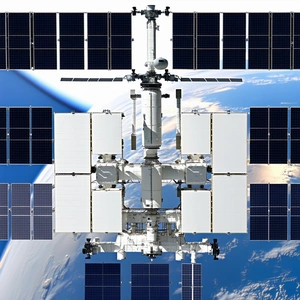A Large Spacecraft With A Satellite Dish On Top, Floating In The Sky