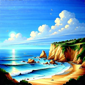 Nature Gouache Painting: Clear (sky:1.4) Over Coastline With Beautiful Beach