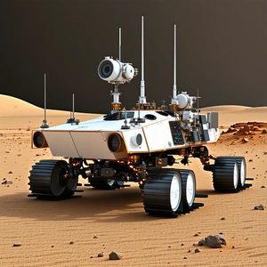 A White Robotic Vehicle With A Large Antenna On Top, Driving Across A Desert Landscape