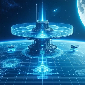 In This Futuristic Scene, A Large, Blue, Circular Structure Is The Central Focus